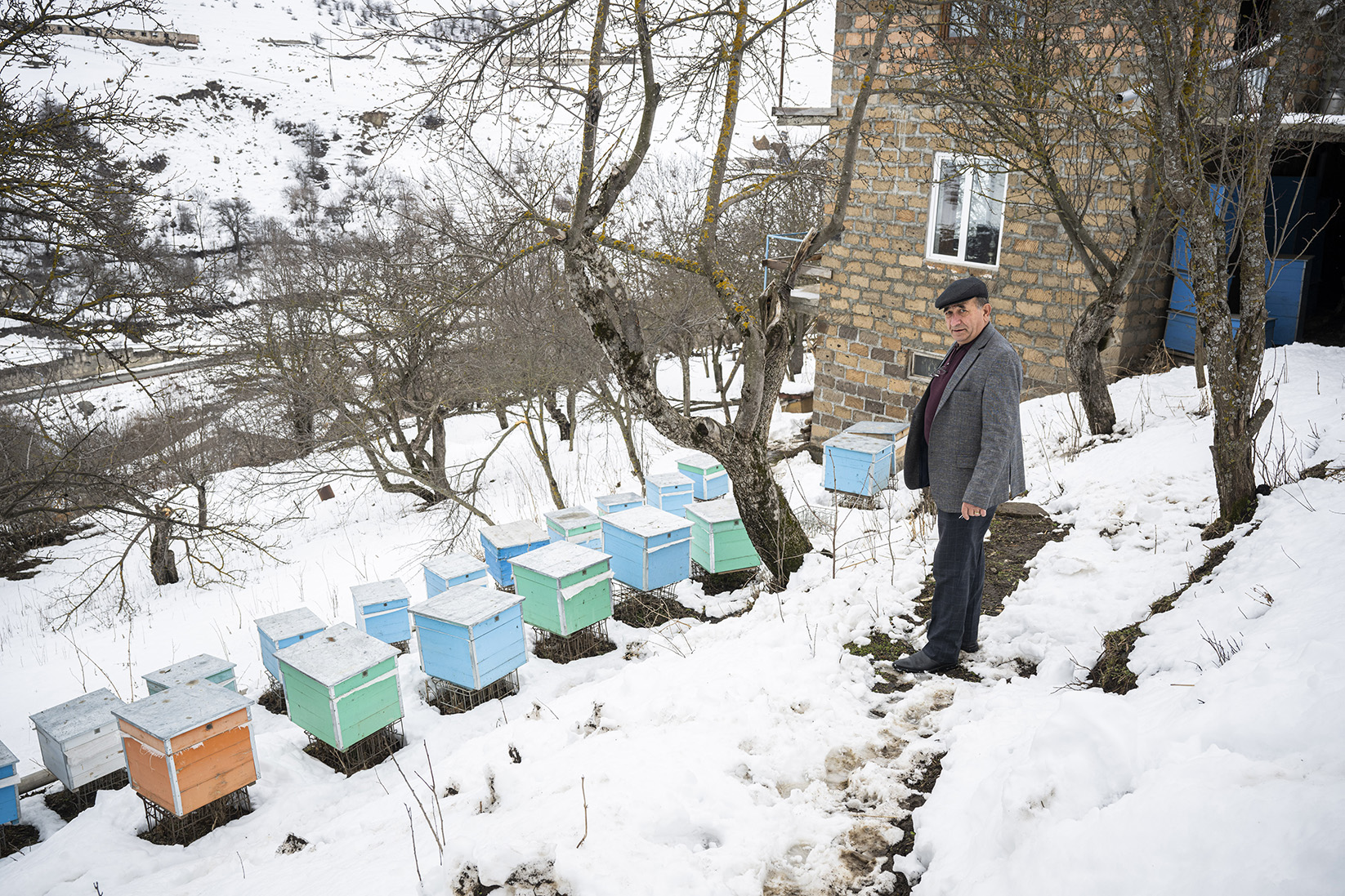 Un homme devant une rangée de ruches, sur une parcelle enneigée