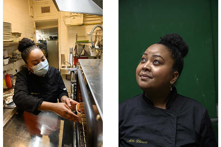 Aurélie est cheffe de cuisine volante. Elle prépare des repas d’inspiration réunionnaise dans des restaurants en tant que cheffe invitée. Ici dans la cuisine de La Coulée douce, à Paris. © Gaël Kerbaol/SCCF
