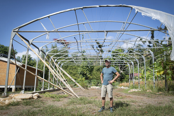 Philippe, devant sa serre dévastée