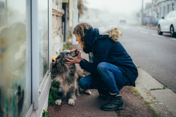 une femme caresse son chien, accroupie à ses côtés, sur le trottoir