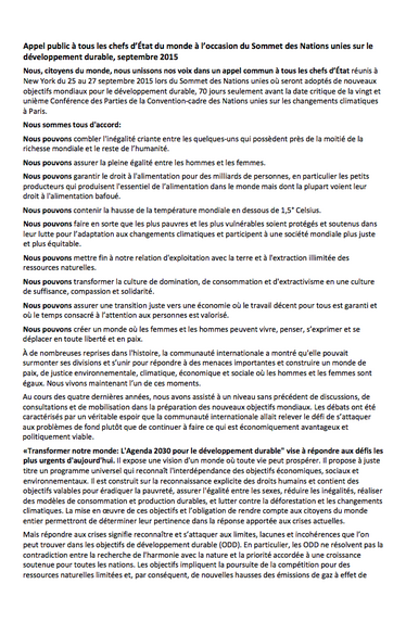 Appel public à tous les chefs d’État à l’occasion du Sommet des Nations unies sur le développement durable
